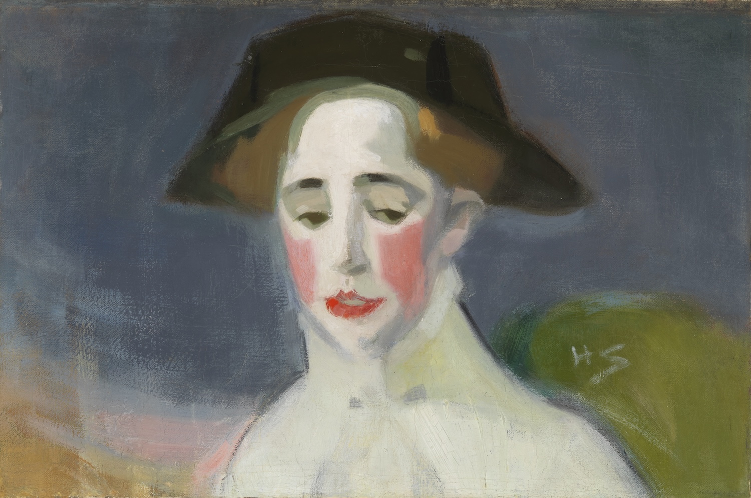 Helene Schjerfbeckin maalauksessa nainen, jolla on hyvin punaiset posket ja musta hattu.