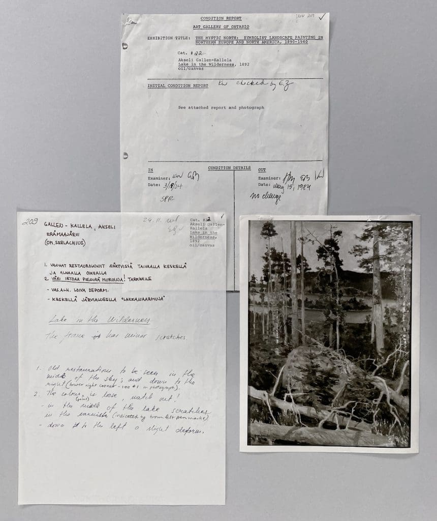 Kuntoraportti ja mustavalkoinen kuva Erämaajärvi-maalauksesta.