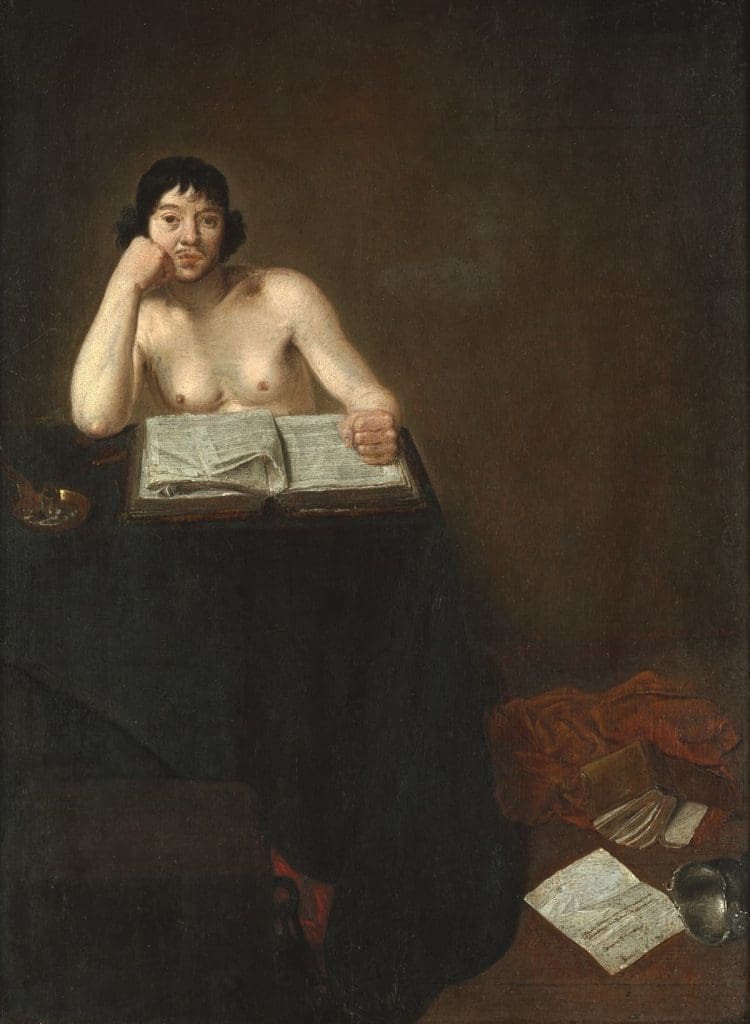 An old painting where a young man is looking frustrated and sitting behind a table with is his upper body naked.