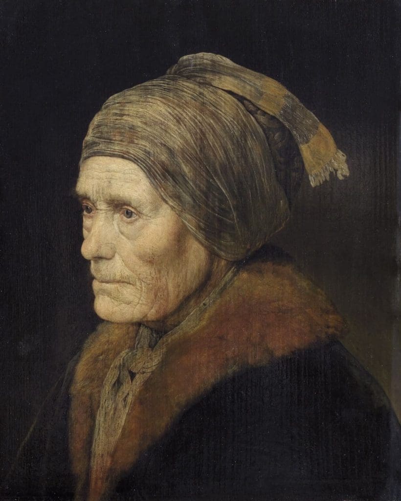 In a 17th century portrait an old woman with a brown fur collar in her coat depicted in half-profile.