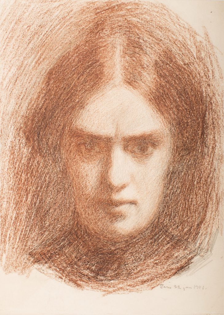 Olga Gummerus-Ehrströmin väriliidulla piirtämä omakuva.