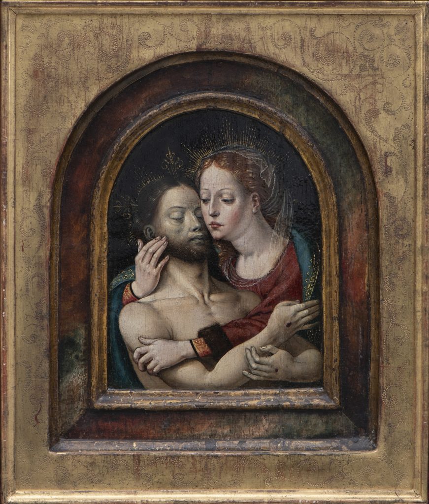 Yläosastaan kaareutuvassa vanhassa maalauksessa Neitsyt Maria pitää sylissään kuollutta Jeesusta.