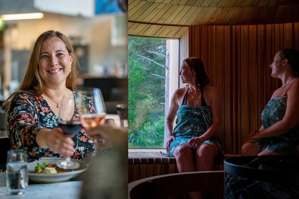 Nainen ravintolassa ja kaksi naista saunan lauteilla.