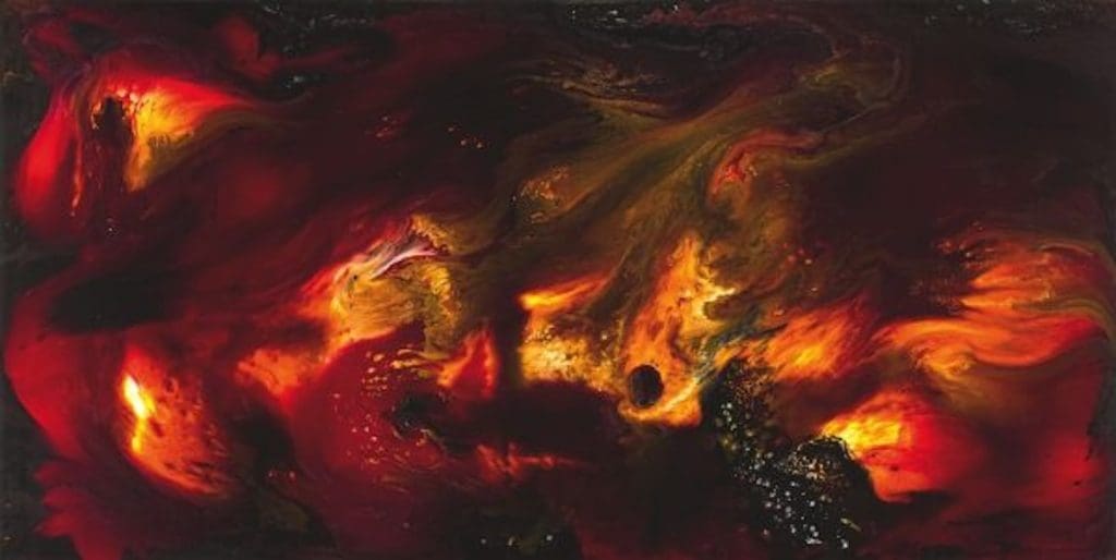 Abstract painting in strong red, yellow and black.